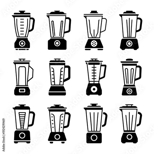 Collection of twelve black and white blender images in a grid layout isolated on white background, Vector, illustration