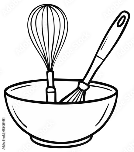 Two kitchen whisks inside a mixing bowl black and white line drawing for baking and cooking