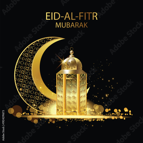 Eid al-Fitr Mubarak Greeting with Crescent Moon and Lantern