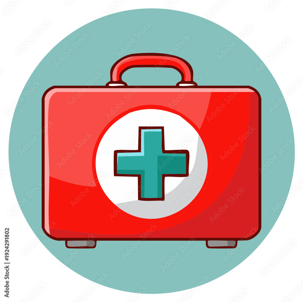 Fototapeta premium Red Medical Kit Graphic with Teal Cross Symbol Emergency Assistance Health