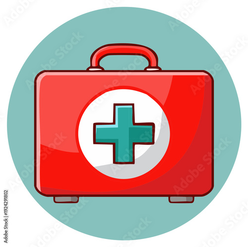 Red Medical Kit Graphic with Teal Cross Symbol Emergency Assistance Health