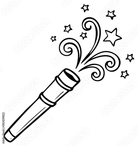 Hand drawn illustration of a magic wand with swirling magical energy and stars bursting forth