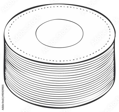 Stack of blank round labels or stickers with dotted edges and a central circle cutout for design