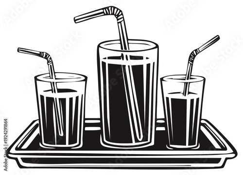 Tray holding three glasses of drinks with straws in black and white illustration for beverages ads or menus