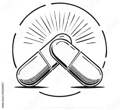 Linked medicine capsules in circle rays health medical wellness graphic art