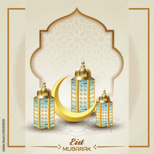 Eid al-Fitr Mubarak Greeting with Crescent Moon and Lantern