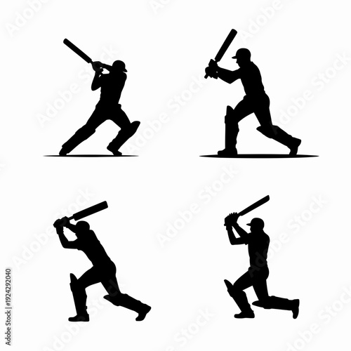 Cricket player demonstrating various batting stances and postures in silhouette form isolated on white background, Vector, illustration