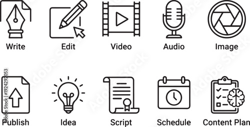 A collection of ten line art icons representing business productivity, content creation, and scheduling. Vector