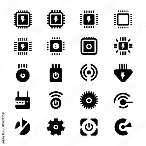 Collection of icons representing technology, connectivity, and system functions in a minimalist style isolated on white background, Vector, illustration