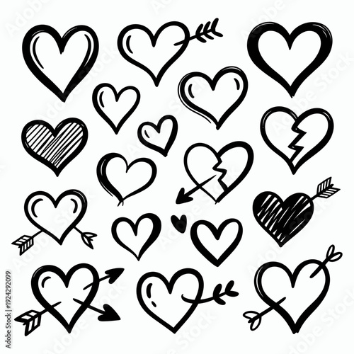 Collection of black and white heart shapes and love symbols in a scattered arrangement isolated on white background, Vector, illustration