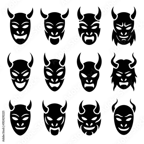 Collection of stylized demonic masks with distinct facial expressions and designs isolated on white background, Vector, illustration