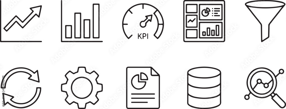 Fototapeta premium A collection of ten small, black and white icons representing data analysis and settings functions Vector