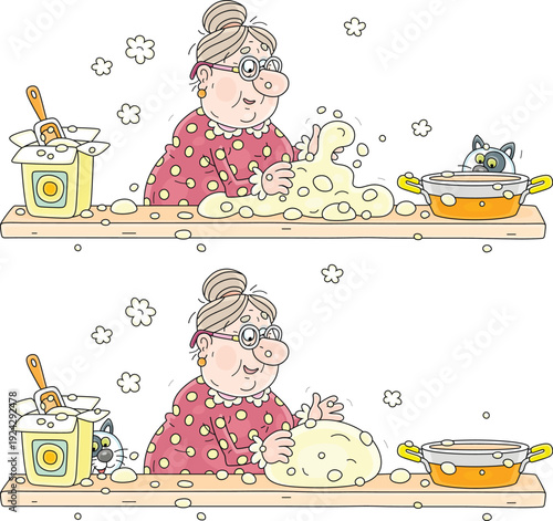 Funny cute granny at her kitchen table kneading white dough to cook a tasty sweet pie for a holiday, a set of vector cartoon illustrations isolated on a white background