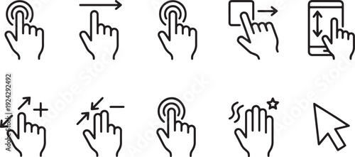 Various hand pointer and standard arrow cursor icons used for user interface interaction design. Vector