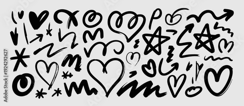 A collection of whimsical hand-drawn symbols and abstract doodles with playful designs isolated on white background, Vector, illustration