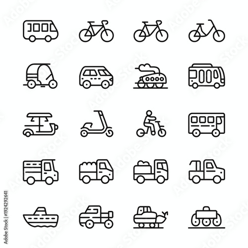 Assorted icons of various vehicles and modes of transportation in a minimalist style isolated on white background, Vector, illustration