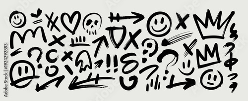 Ancient symbols and glyphs carved into a stone surface with directional arrows isolated on white background, Vector, illustration