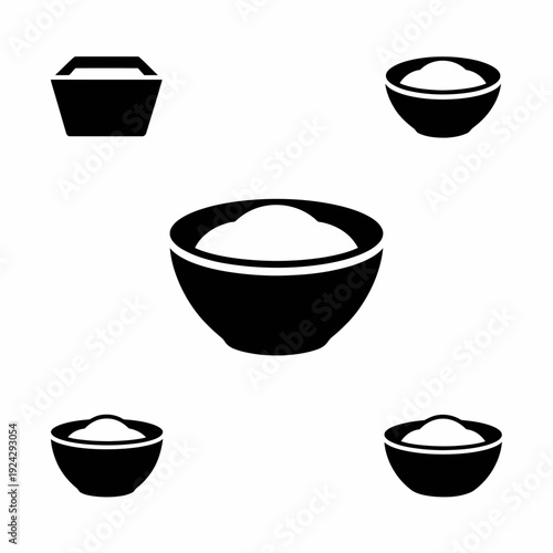 Collection of bowls with varying shapes and contents of rice or similar grains isolated on white background, Vector, illustration