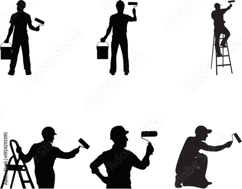 Six black silhouettes of painters working with rollers and paint cans, some using ladders.
