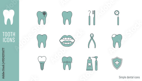 Collection of simple dental icons including teeth, tools, and oral hygiene symbols.