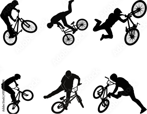 Six black silhouettes of BMX riders performing various freestyle stunts and tricks.