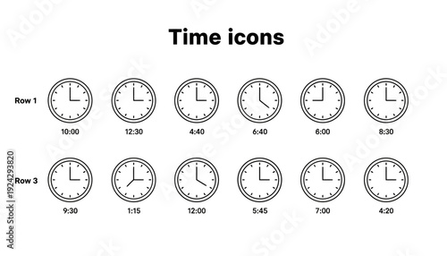 Set of simple clock icons showing different times in black and white.