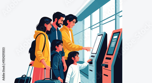 Family checking in at airport self-service kiosk with luggage.