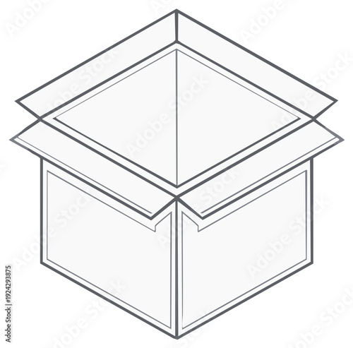 Minimalist illustration of an open cardboard box, showcasing isometric perspective and clean lines for packaging and delivery concepts.