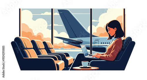 Woman working on laptop in airport lounge.