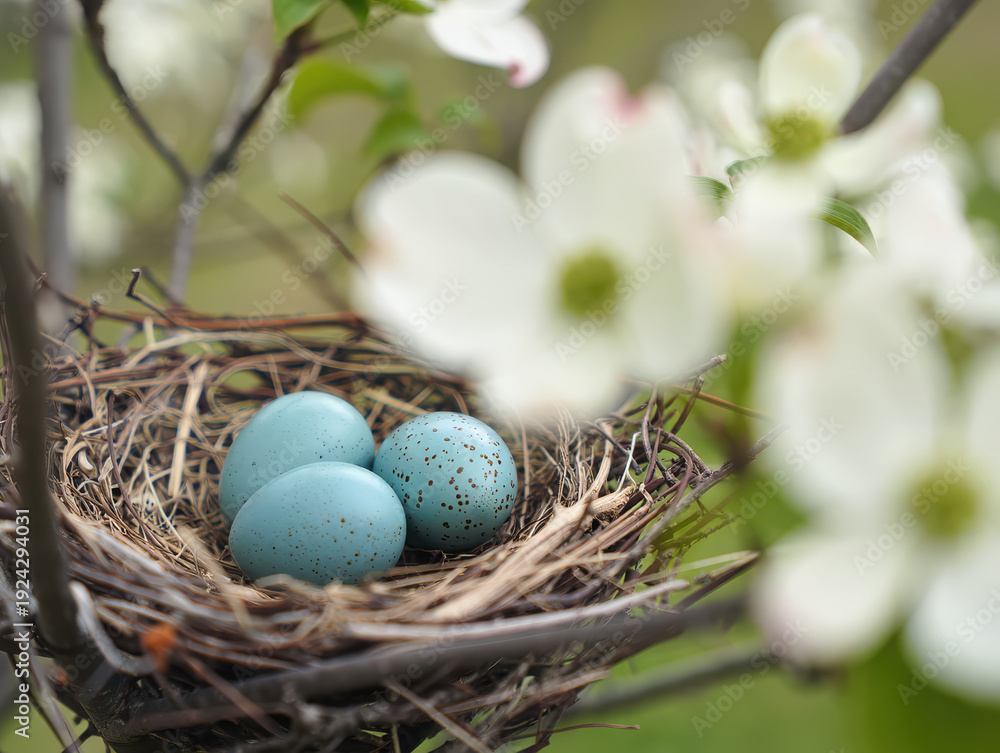 Obraz premium Three speckled blue eggs rest safely in a small bird nest woven from dry twigs, tucked within a blooming tree, surrounded by soft white blossoms in background. Spring greenery, new life concept