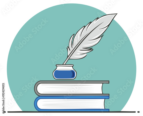 Elegant quill pen and inkwell atop stacked books symbolizing classic writing, literature, and educational pursuit