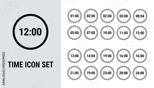 Set of 16 modern clock icons displaying various times in a simple design.