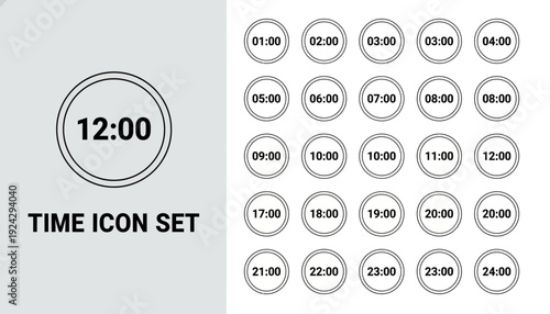 Set of twenty four clock icons showing different times in a day.