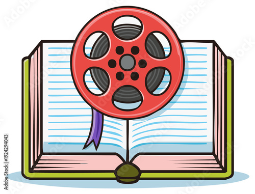 Open book and film reel cartoon illustration depicting film history and storytelling concepts