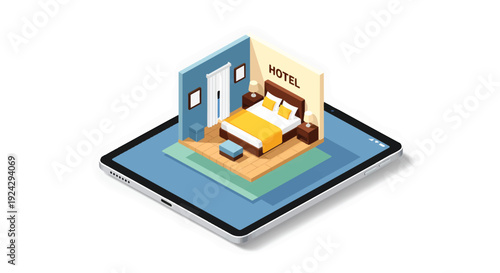 Isometric Hotel Room on Tablet for Online Booking and Travel.