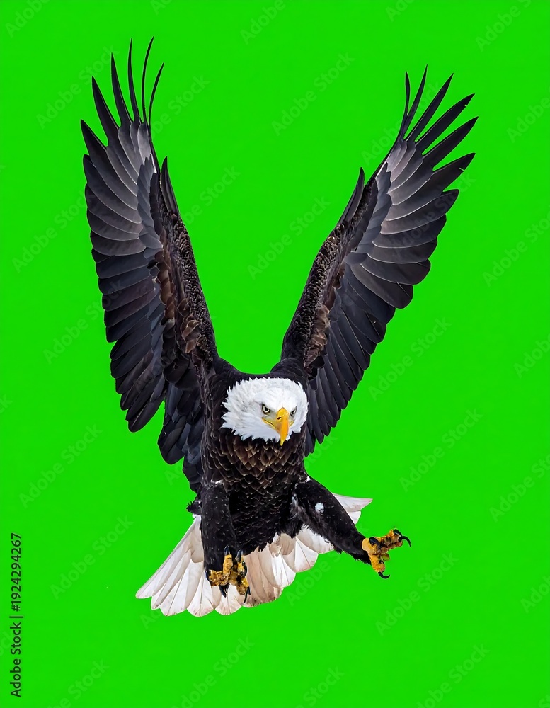 Fototapeta premium Majestic Bald Eagle Soaring with Wings Spread Against Green Background.