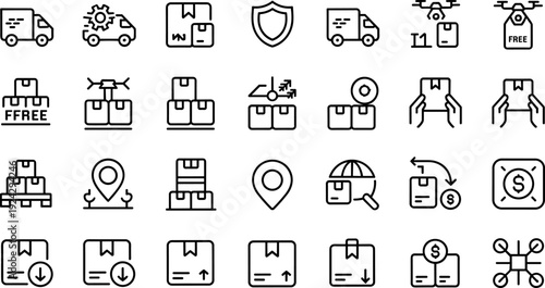 Logistics delivery icons, shipping services vector, package tracking illustration, courier clipart design, e-commerce supply chain artwork, transportation symbols set