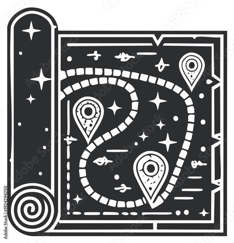 Black and white illustrated vintage map with navigational markers and winding route, rolled scroll side.