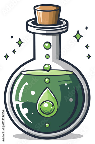 Potion Bottle Green Liquid Bubble Cartoon Icon Illustration for Creative Fantasy Designs
