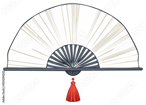 Stylized drawing of a hand fan with decorative tassel.