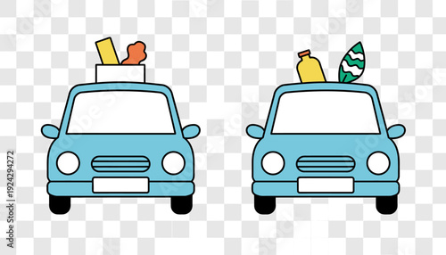 Two blue cars with luggage on the roof, ready for a road trip or vacation.