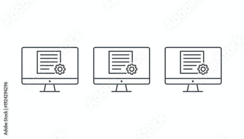 Three computer monitors displaying documents with settings icons.
