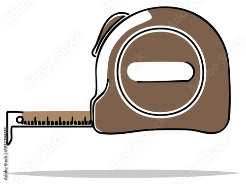 Illustration of a closed tape measure tool with its metal end extended and marked with measurements