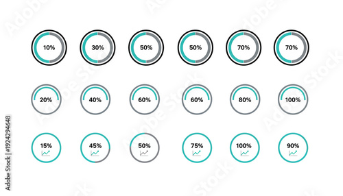 Set of circular progress indicators showing various percentage levels.