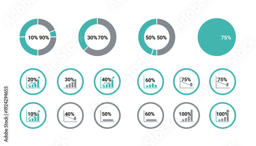 Collection of various pie charts and circular graphs displaying different percentages.