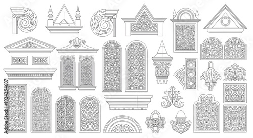 Ornate Architectural Elements Vector Set – Decorative Fretwork and Intricate Carving Technical Illustrations