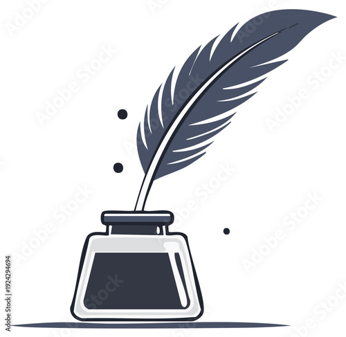 Ink bottle with feather pen and ink splashes. Writing concept illustration.