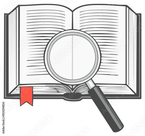 Open book with magnifying glass examining text and red bookmark for detailed research