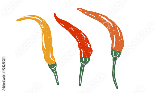 Hand drawn linocut style vegetables set. Grunge illustration of different peppers. Vector background	
