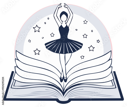 Ballerina Performing on Open Book with Stars around Her. Ballerina in Dance with an Open Book around Her with Stars Background